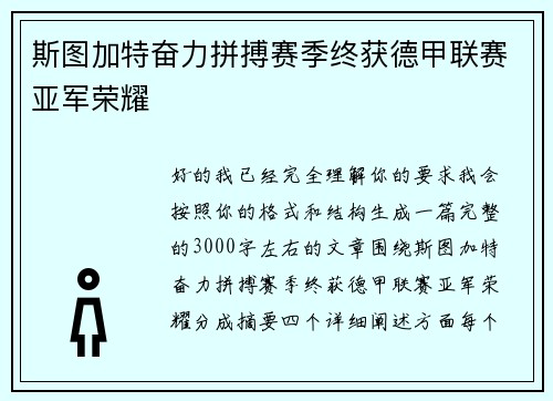 斯图加特奋力拼搏赛季终获德甲联赛亚军荣耀