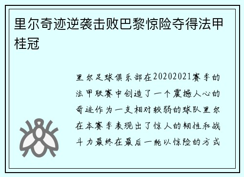 里尔奇迹逆袭击败巴黎惊险夺得法甲桂冠 里尔奇迹逆袭击败巴黎惊险夺得法甲桂冠